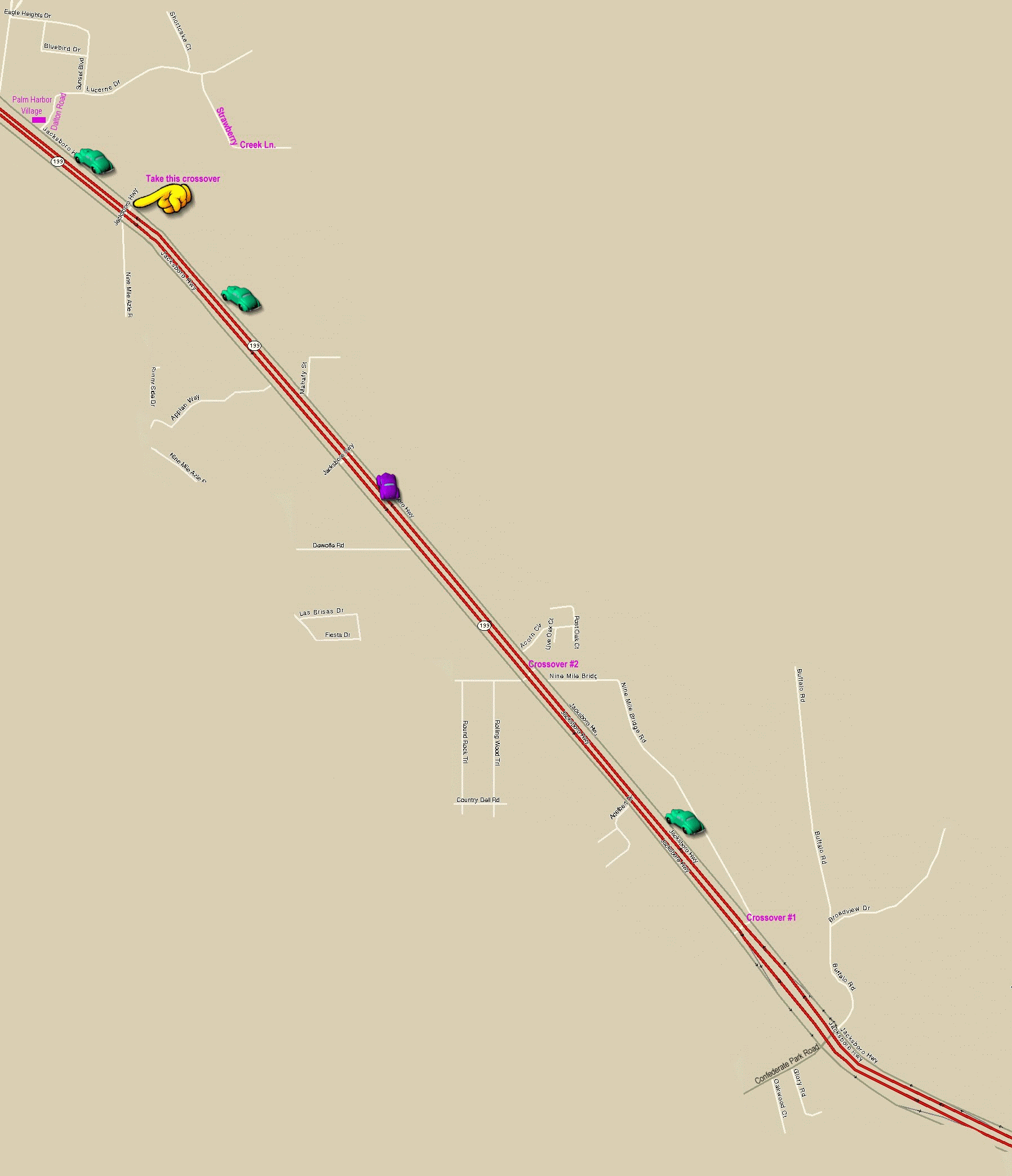 Map from Confederate Park Road to Strawberry Creek Lane